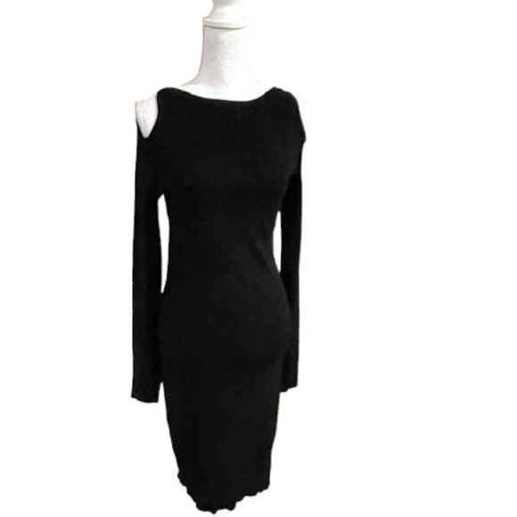 Cold Shoulder Long Sleeves Ribbed Sweater Midi Bodycon Dress - Black - XL - Picture 13 of 14